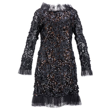 Saint Laurent 1980's Lacey Black Ribbon & Sequin Party Dress