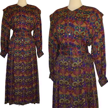 Vintage 80s Abstract Print Silk Dress, Vintage 1980s Shirtdress, Baroque Print, Pleated Skirt, Original Belt, Size M Medium 