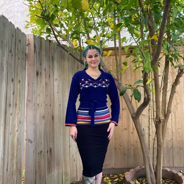 Vintage 1970’s Blue Sweater with Stripe and Zig Zag Pattern 