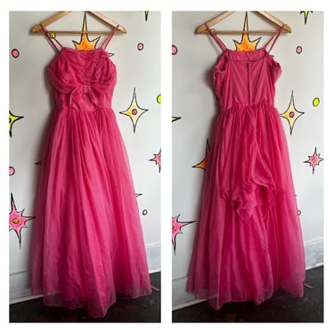 Vintage 50s 60s | Pink Chiffon Party Evening Dress Formal Gown | XS 