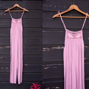 Bali Rose Pink Jumpsuit, 80s 90s Vintage Embroidered Floral Playsuit Romper, Tie Shoulder Crochet Jumpsuit, XXS XS 
