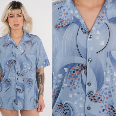 70s Swirl Shirt Blue Disco Button Up Shirt Geometric Print Dagger Collar Hippie Boho Abstract Top Vintage 1970s Collared Short Sleeve Large 
