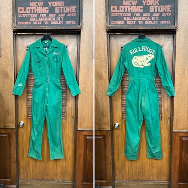 Vintage 1940’s Bullfrogs Pep Squad Cheerleader Greene Twill Workwear Embroidered Varsity School Coveralls Outfit, Chainstitch, Jumpsuit, 40s 