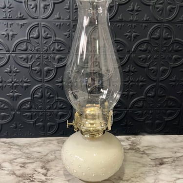 White Hobnail Oil Lamp with Embellished Hurricane