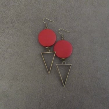 Large red earrings, Geometric earrings, African Afrocentric earrings, bold statement earrings chunky earrings, unique, bronze triangle 