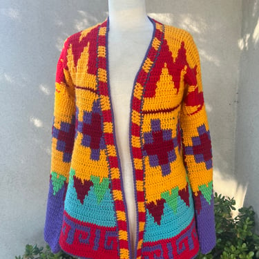 Vintage boho crochet cardigan bold colors S/M hand knit 