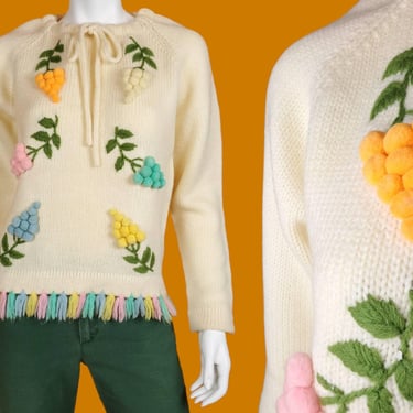 1960s pom pom sweater. 100% wool. Grapes fruit pastels colorful subtle warm cute. Vintage one of a kind. MOD. (S/M) 
