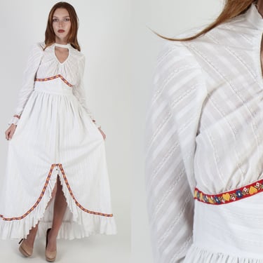 70s Bohemian Renaissance Dress, 1970s White Cut Out Open Back Dress, Sexy High Slit Prairie Mermaid Hem Maxi Dress 