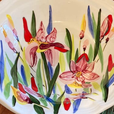 Hugo Quattrocchi Bowl Hand-Painted, Bold Color Painting, Contemporary Display Floral Ceramic Art Pottery~ Wild Lilies 