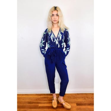 Silk Hand Beaded Jumpsuit // vintage 70s holiday 80s formal cocktail boho hippie high waist dress navy blue // XS/S 