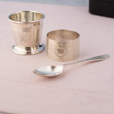 Antique Sterling Silver Napkin Ring with Egg Cup & Spoon Set