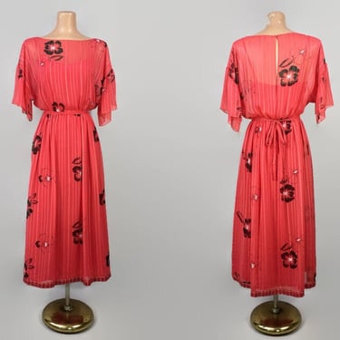 VINTAGE 1980s RARE Olga Levantin French Silk Chiffon Dress | 70s 80s Red Hibiscus Print Sheer Dress | Designer Vintage Bohemian Sz 6 vfg 