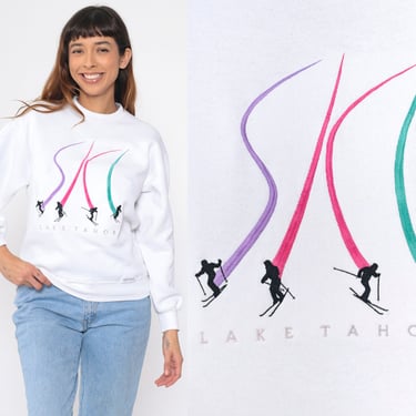 Ski Lake Tahoe Sweatshirt 90s Embroidered California White Skier Graphic Crewneck Vintage 1990s Athletic Snow Sports Crazy Shirts Medium 