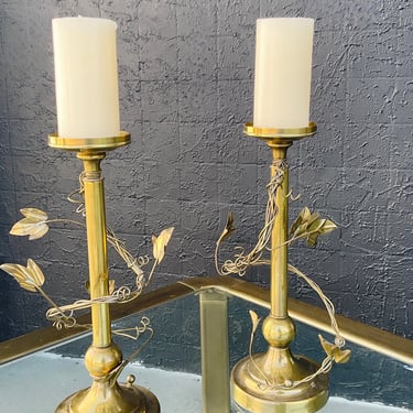 Brass Ornate Leaf Design Candle Sticks / Pair