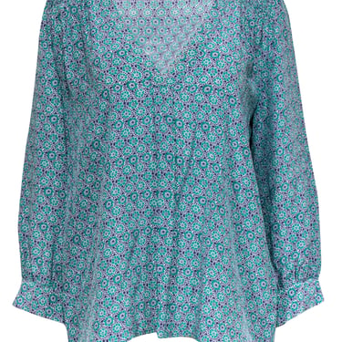 Joie - Teal & Navy Floral Silk Peasant-Style Blouse Sz L
