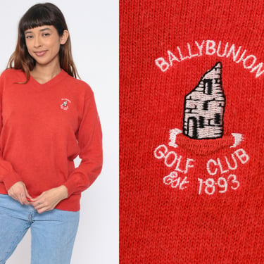Ballybunion Golf Club Sweater 90s Red Merino Wool Angora Knit Sweater Ireland Golfer Pullover V Neck Sports Retro Vintage 1990s Medium M 