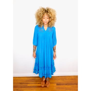 Gauze Dress // vintage 70s boho gauze dress hippie hippy 1970s blue maxi sun crochet midi // O/S 