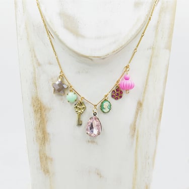 Vintage Charm Necklace, Chunky Necklace, Statement Jewelry, Pink Gift for Her, Nostalgic Mothers Day Gift 