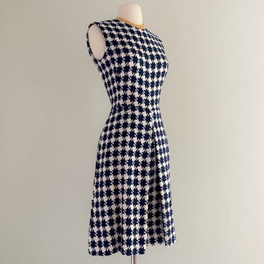1960's Joan Leslie Navy Blue and White Houndstooth Jumpsuit / Sz M