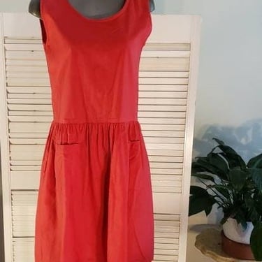 Vintage 80s/90s Red  Cotton Babydoll Dress w/Pockets  S 