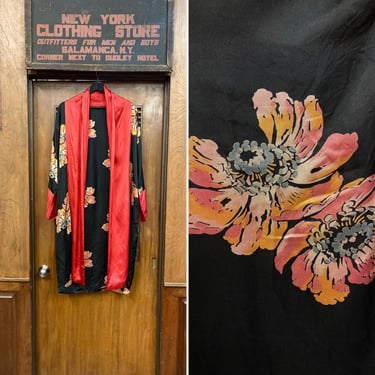 Vintage 1930’s Black & Red Magnolia Floral Rayon Kimono Robe, Vintage 1930s Robe, Vintage Floral Kimono, True Vintage Rayon Robe 