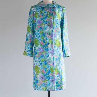 Fabulous 1960's Watercolor Silk Dress &amp; Matching Coat By Milton Saunders / ML