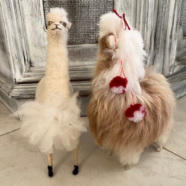 2 Llamas~ Super Fluffy- Real Soft Fur Handmade Long Neck Alpacas Standing with Peruvian Details~ Stuffed Animals, from Peru~ 