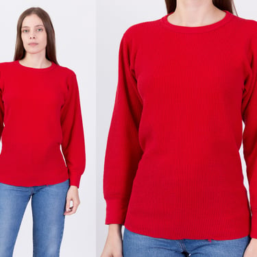 80s Red Waffle Knit Thermal Shirt - Men's Medium, Women's Large | Vintage Plain Long Sleeve Grunge Top 