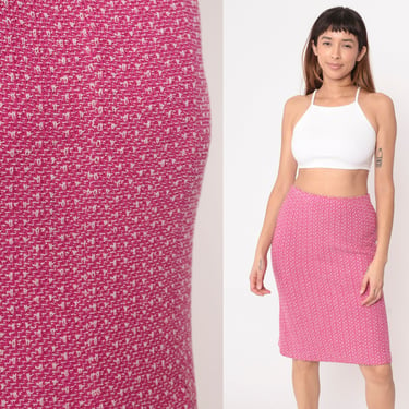 Pink Pencil Skirt 90s Speckled Textured Knit High Waisted Pleated Knee Length Skirt Retro Party Office Secretary Vintage 1990s Small 28 