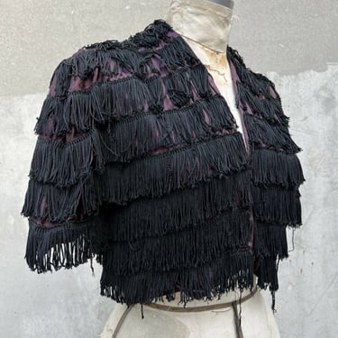 Vintage 1930s Black Rayon Fringe Shag Jacket Blouse Bolero Short Sleeve Hairy