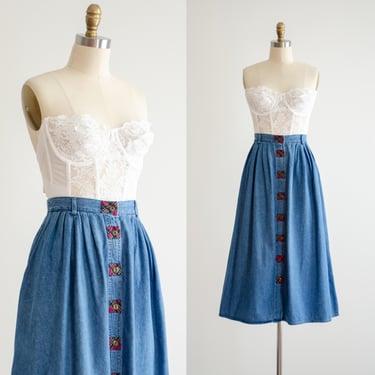 denim midi skirt 80s 90s vintage flannel button down jean fit and flare skirt 