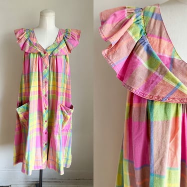 Vintage 1970s Madras Rainbow Plaid Indian Cotton Dress / S up to L 