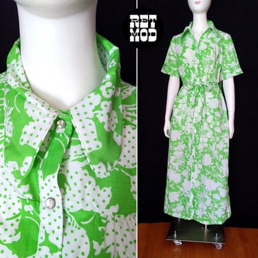 DEADSTOCK Groovy Vintage 60s 70s Green & White Flower Power Cotton Snap Front Dress with Dog Ear Collar 