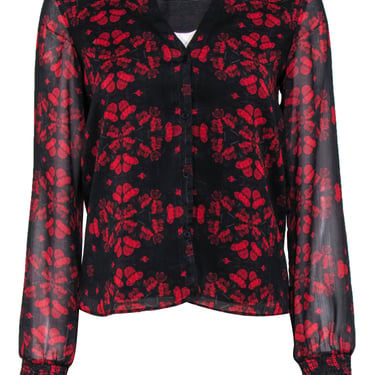 Alice & Olivia - Black & Red Floral Print Long Sleeve Blouse Sz S