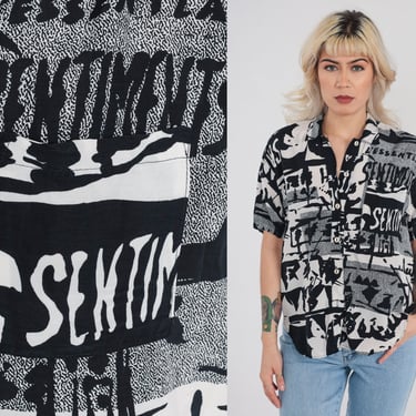 Abstract Print Top 90s White Black Button up Blouse L'essential Sentiments Short Sleeve Shirt French Pattern Retro Vintage 1990s Medium M 