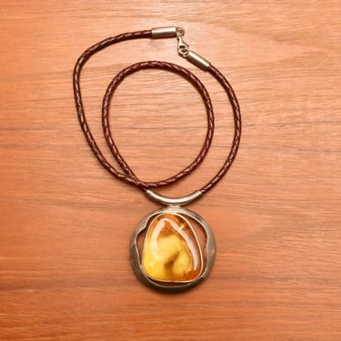 Large Natural Baltic Amber Pendant Necklace, Brown Braided Leather Cord, Bohemian Jewelry, 22" L 