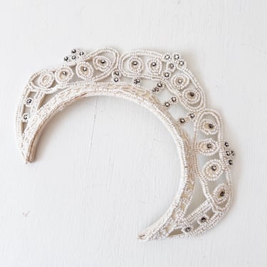 Antique Bridal Crown Beaded with Rhinestones / Vintage White Wedding Accessory 1930s / Veil Wedding Tiara 