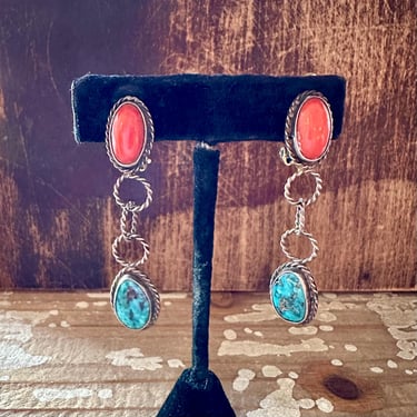 VINTAGE TURQUOISE and CORAL Clip On Silver Earrings | Braided Silver | Dangle Drop Chain Link Jewelry | Southwestern 