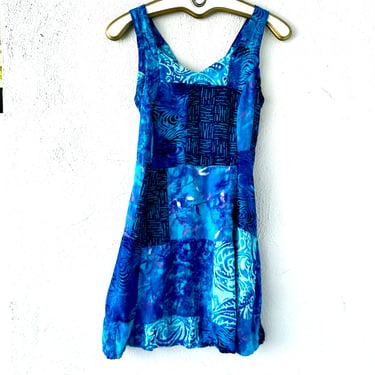 Vintage 90s Y2k Patchwork Tie Dye Dress Blue Short Mini Dress 