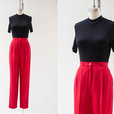high waisted pants | 80s 90s vintage red silk dark academia style pleated trousers 
