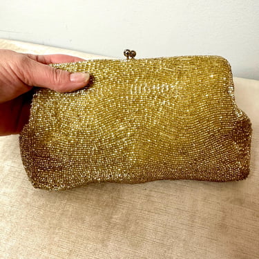 Beautiful Gold beaded evening clutch purse~ Vintage 1950’s 60’s fashion Bright Gold glass micro beading 