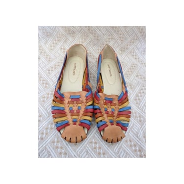Vintage Huaraches Sandals - Rainbow Woven Leather Flats - Size 10 Wide 