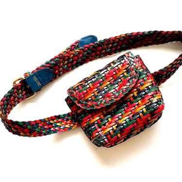 Vintage Woven Rainbow Leather Belt Bag Mini Crossbody Purse 