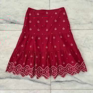 Vintage Ann Taylor Tiered Skirt Red White Embroidered Christmas Women’s 8 