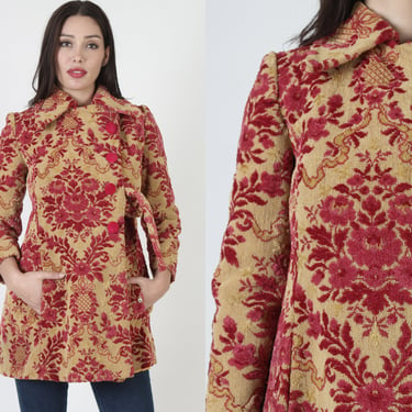 60s Tapestry Swing Jacket, Vintage Gold Mod Carpet Coat, Brocade Style Belted Princess Overcoat 