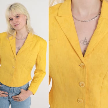 Bright Yellow Blazer Jacket 80s Cropped Jacket Fitted Button up Retro Preppy Professional Formal Cocktail Party Vintage 1980s Extra Small xs 