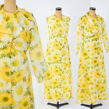 1970s Yellow Floral Maxi Dress & Coat | 70s Yellow Flowered Maxi Coat Dress Set | 70s Bridesmaid Dress Set | Medium 