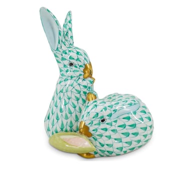 Herend Bunny Figurine – Green Fishnet Porcelain Rabbits – Hand-Painted Hungarian Collectible – Easter Décor – Luxury Gift for Animal Lovers 