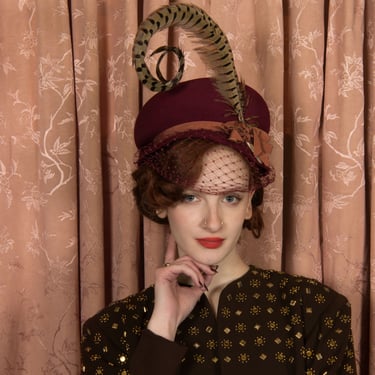 1940s Hat - Bold Vintage 40s Burgundy Hat with Giant Curled Pheasant Feathers and Short Veiling 