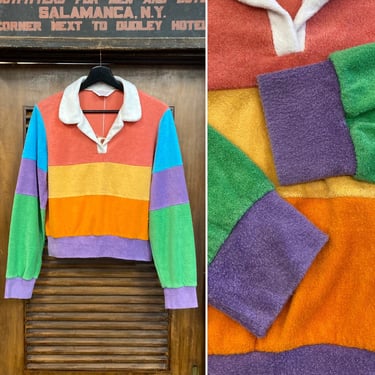 Vintage 1960’s Multicolor Mod Colorblock Stripe Terrycloth Rugby Pullover Shirt Top, 60’s Vintage Clothing 
